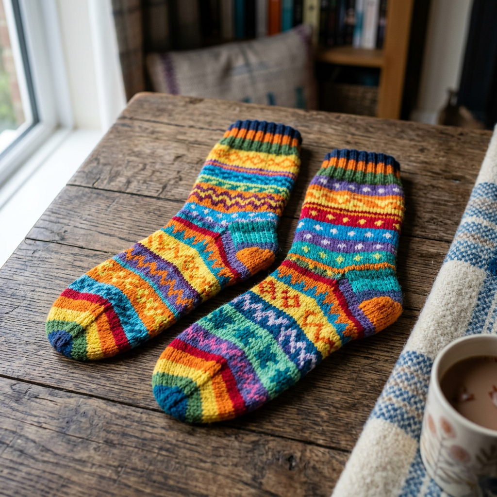 Colorful knitted socks beside a warm drink on a wooden table
